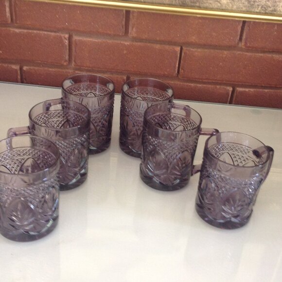 Vintage French Pressed Glass Mugs, Set of 6 Cristal d'Arques Durand Amethyst - Picture 6 of 6
